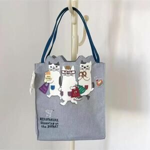 Kusuguru Japan Chubby Cats Canvas Small Tote in Light Grayish Blue NWT